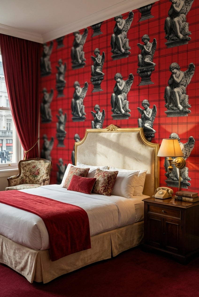 Angelic Statues Wallpaper Red Plaid Eclectic Decorative Mural