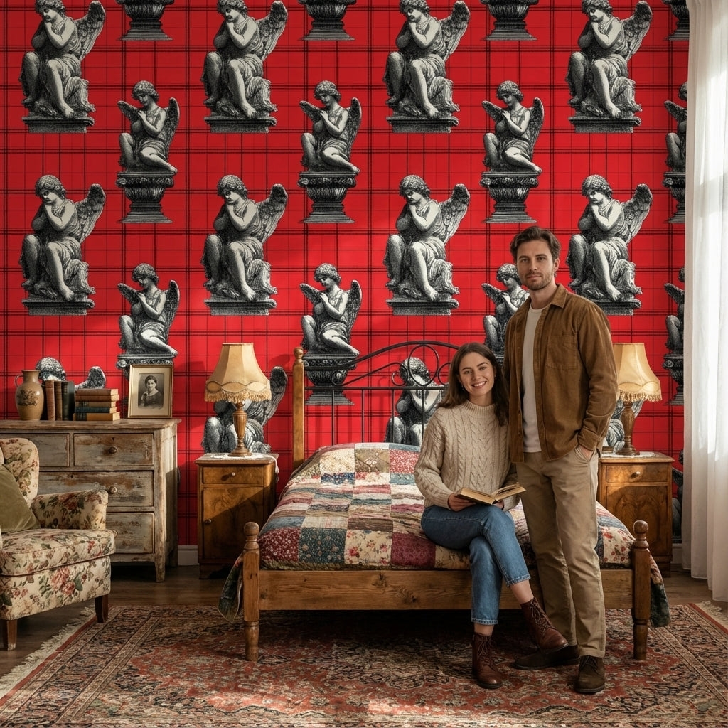 Angelic Statues Wallpaper Red Plaid Eclectic Decorative Mural