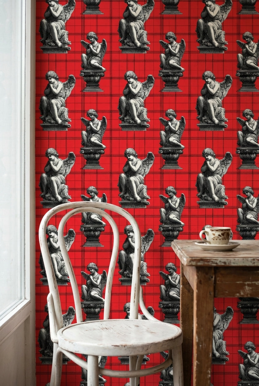 Angelic Statues Wallpaper Red Plaid Eclectic Decorative Mural
