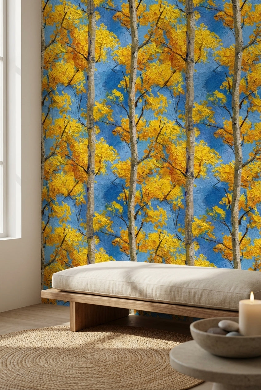 Birch Trees Wallpaper Yellow Leaves Blue Sky Decorative Mural