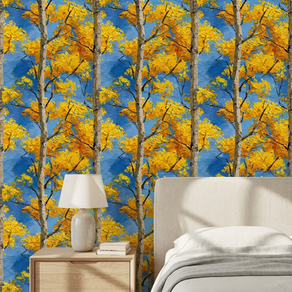 Birch Trees Wallpaper Yellow Leaves Blue Sky Decorative Mural