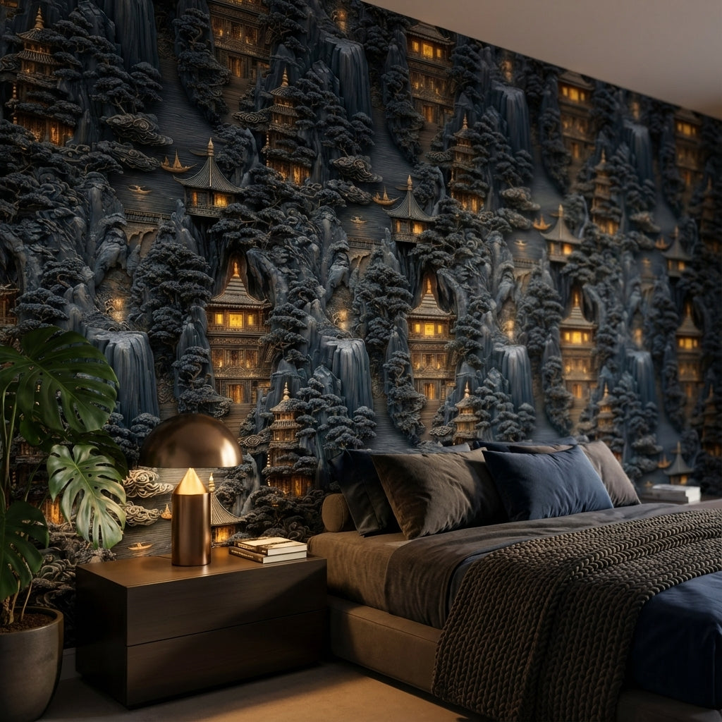 Asian Mountains Wallpaper Traditional Pagoda Wall Mural