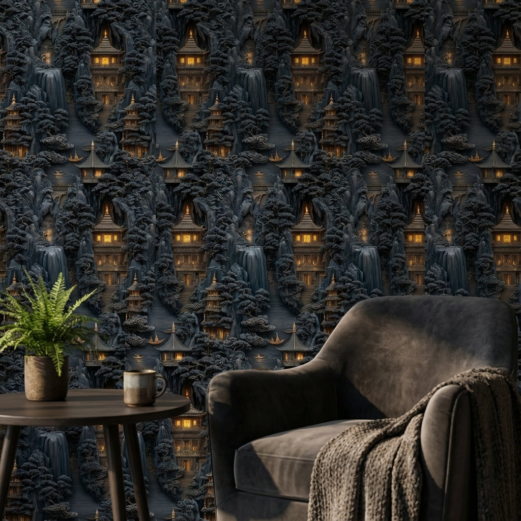 Asian Mountains Wallpaper Traditional Pagoda Wall Mural
