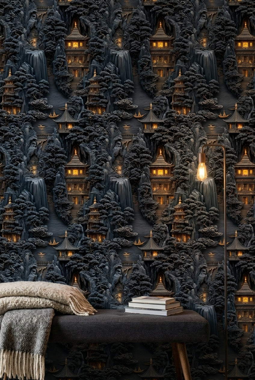 Asian Mountains Wallpaper Traditional Pagoda Wall Mural