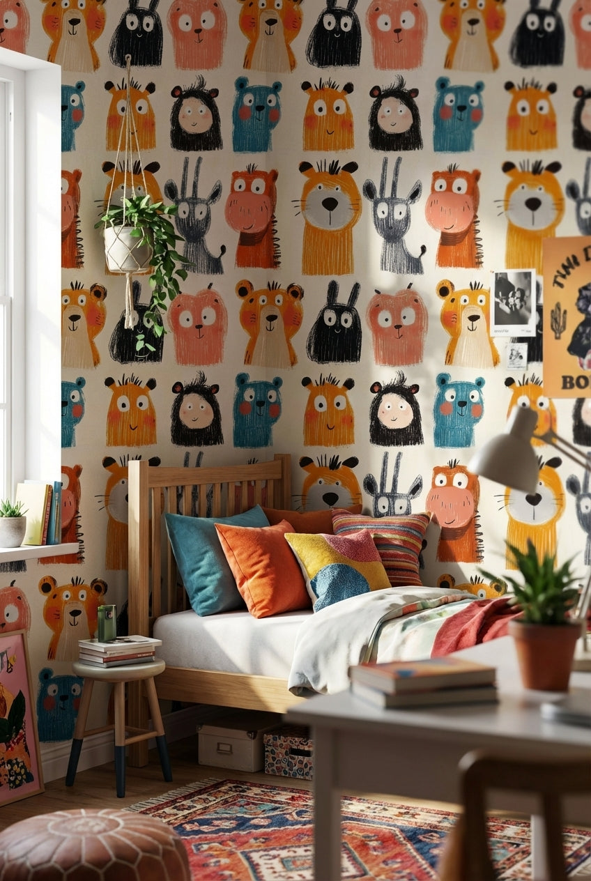 Cream Multicolor Jungle Animals Kids Wallpaper