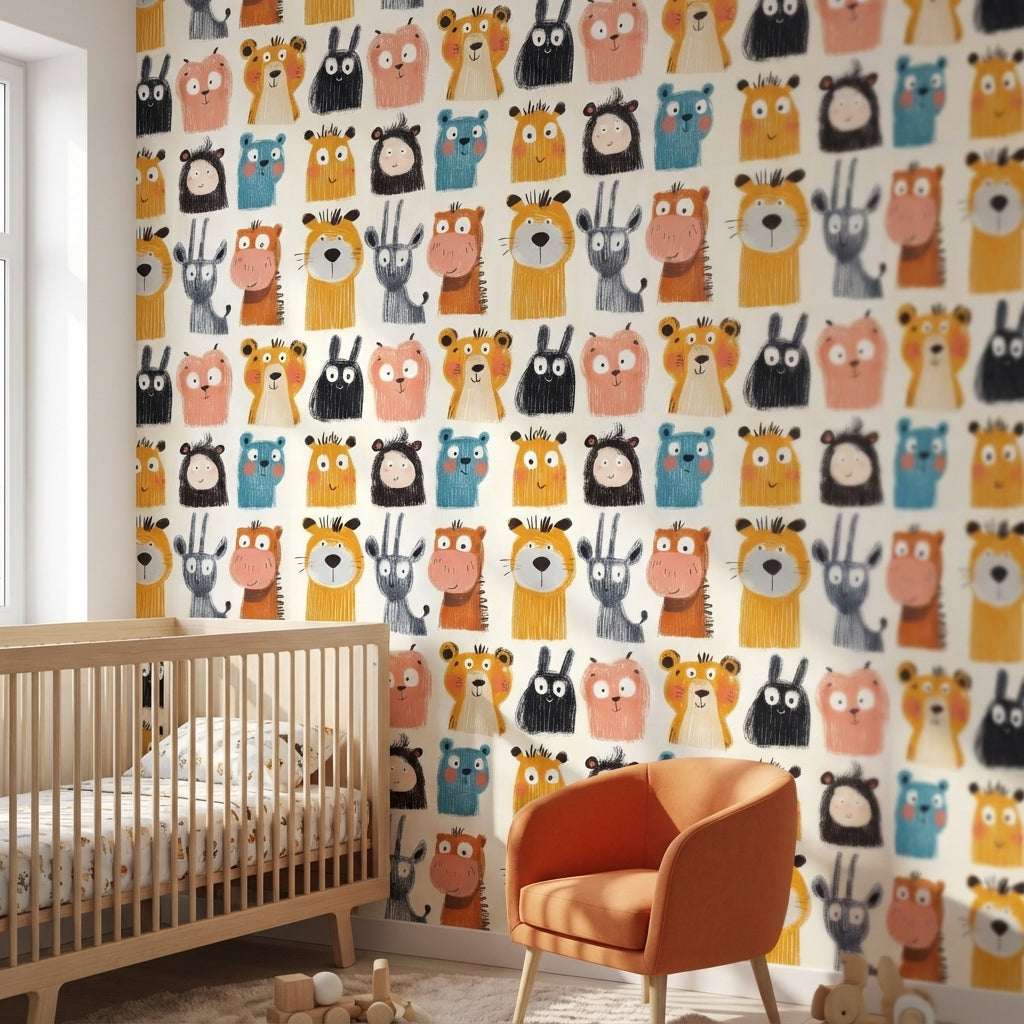Cream Multicolor Jungle Animals Kids Wallpaper