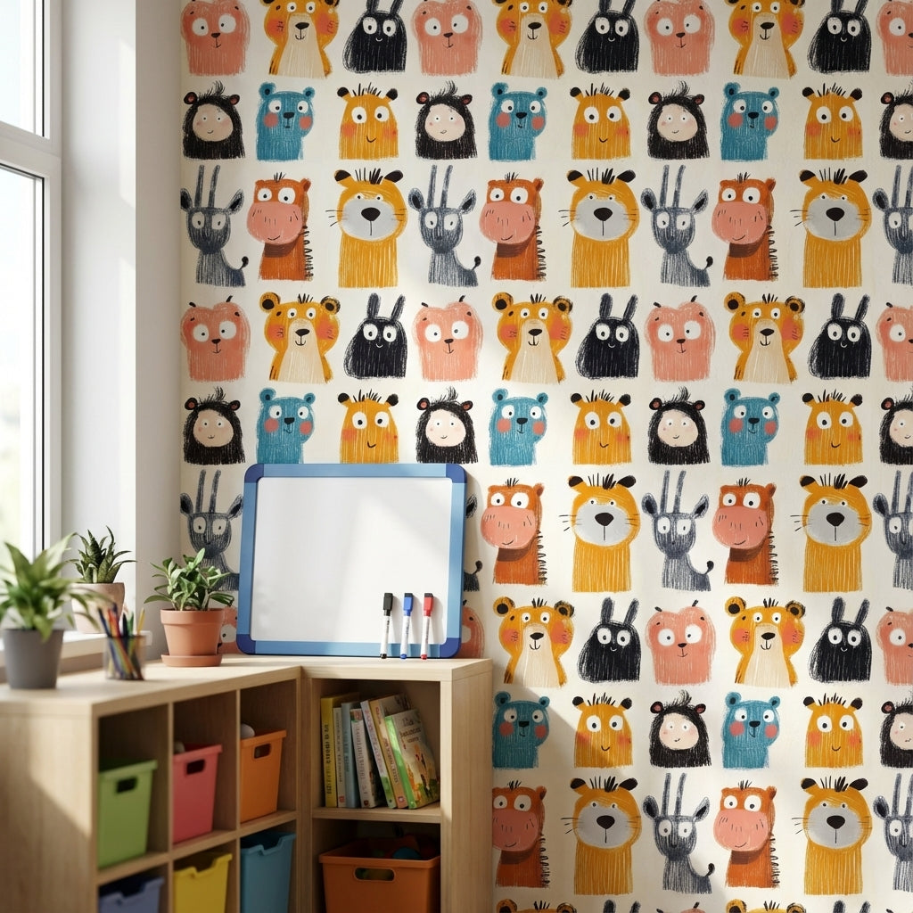 Cream Multicolor Jungle Animals Kids Wallpaper