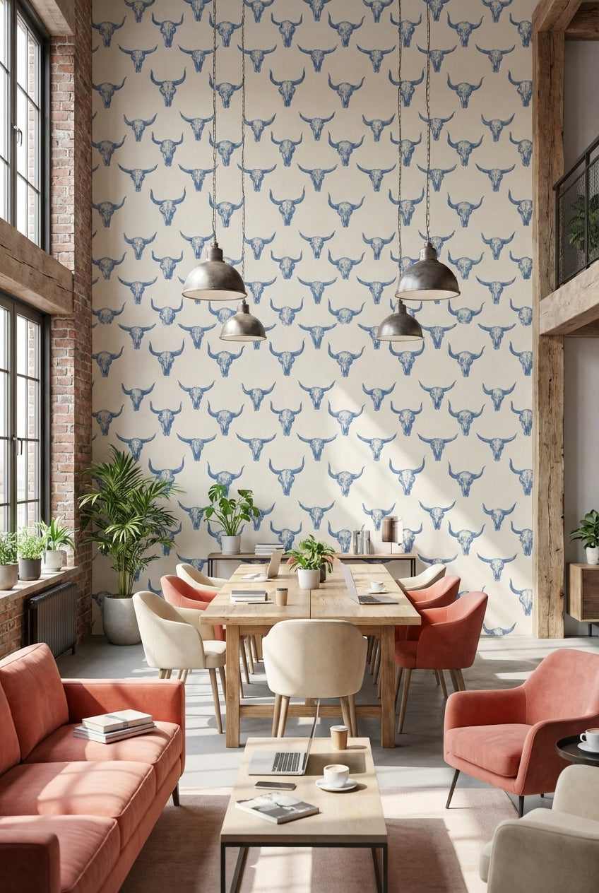 Cream and Blue Bull Skull Pattern Wallpaper