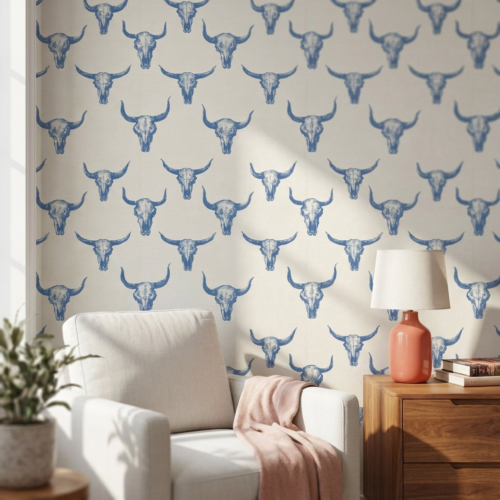 Cream and Blue Bull Skull Pattern Wallpaper