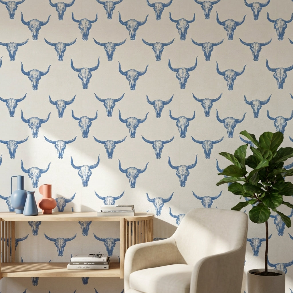 Cream and Blue Bull Skull Pattern Wallpaper