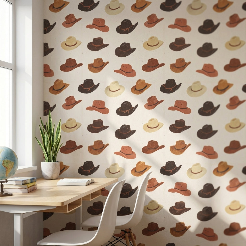 Cream and Brown Cowboy Hat Pattern Wallpaper