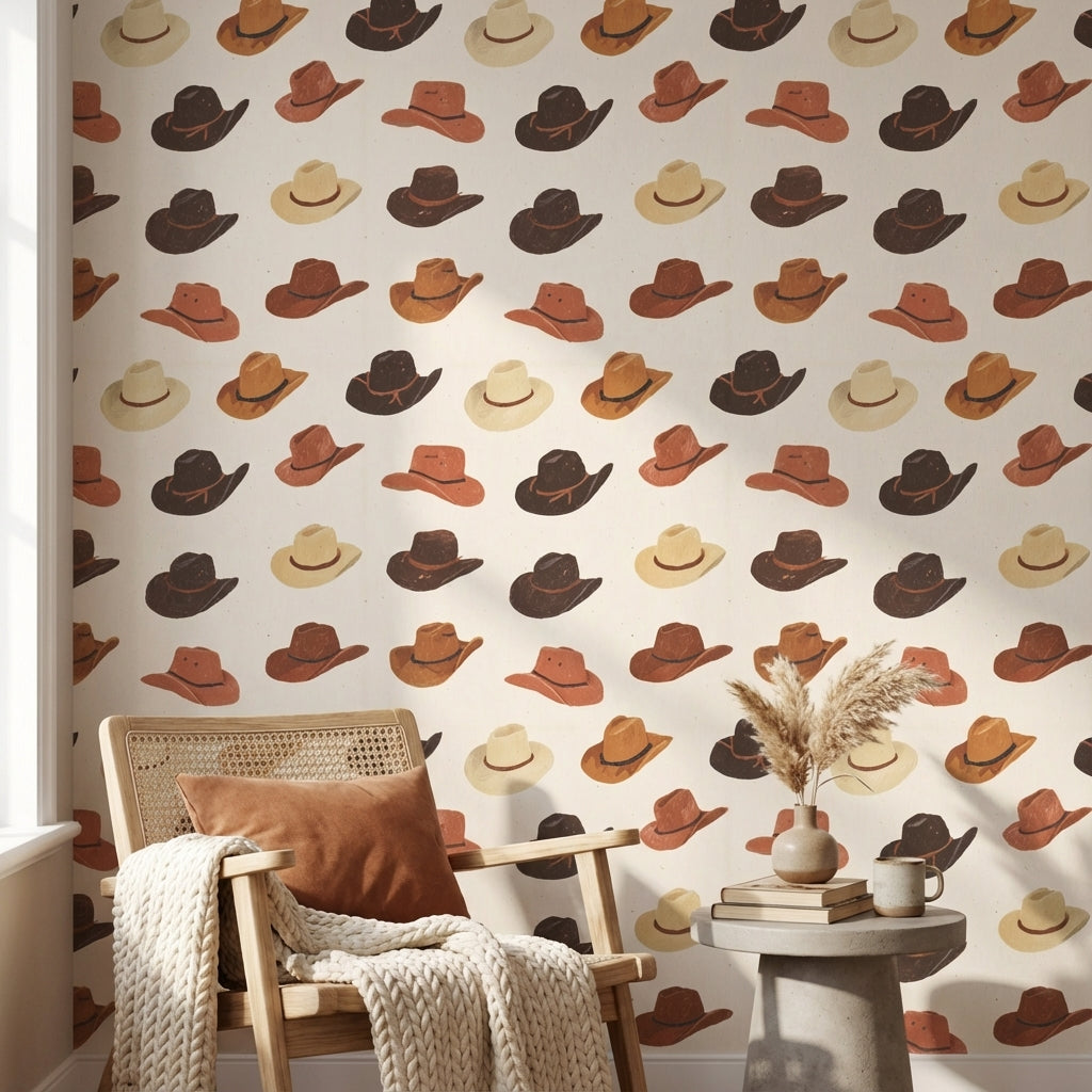 Cream and Brown Cowboy Hat Pattern Wallpaper