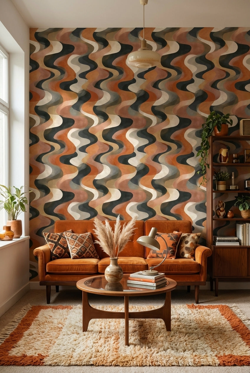Terracotta Beige Wavy Geometric Wallpaper