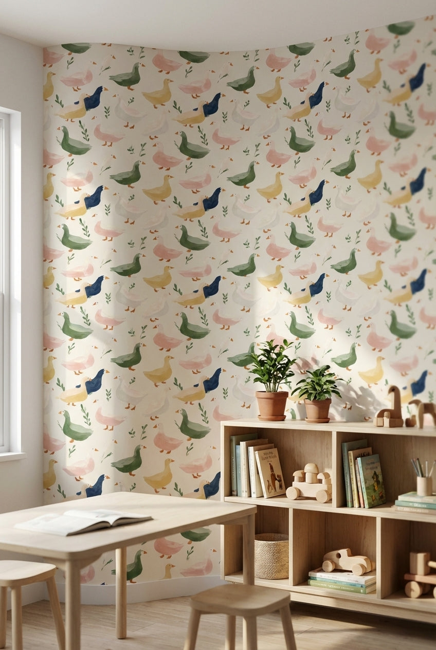Cream Multicolor Duck Pattern Kids Wallpaper