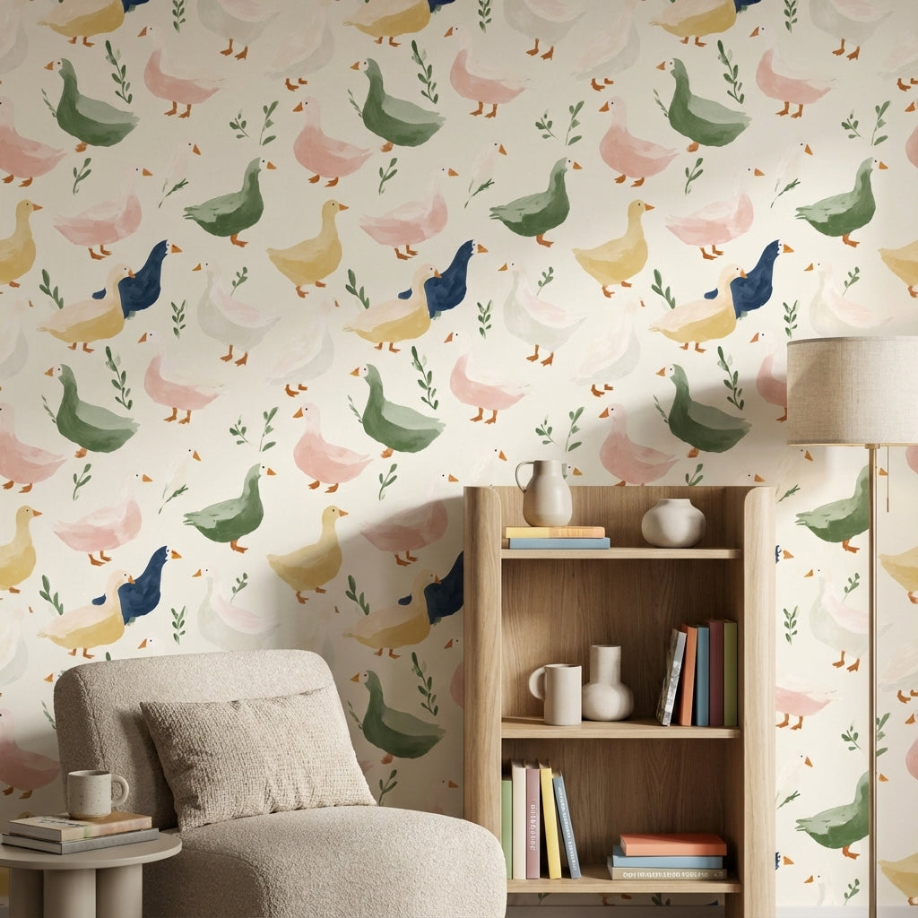 Cream Multicolor Duck Pattern Kids Wallpaper