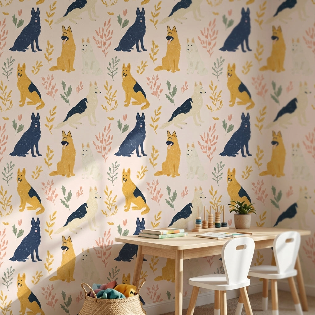 Cream Playful Dogs and Leaves Kids Wallpaper