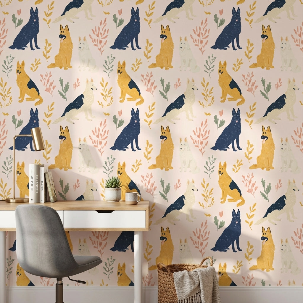 Cream Playful Dogs and Leaves Kids Wallpaper