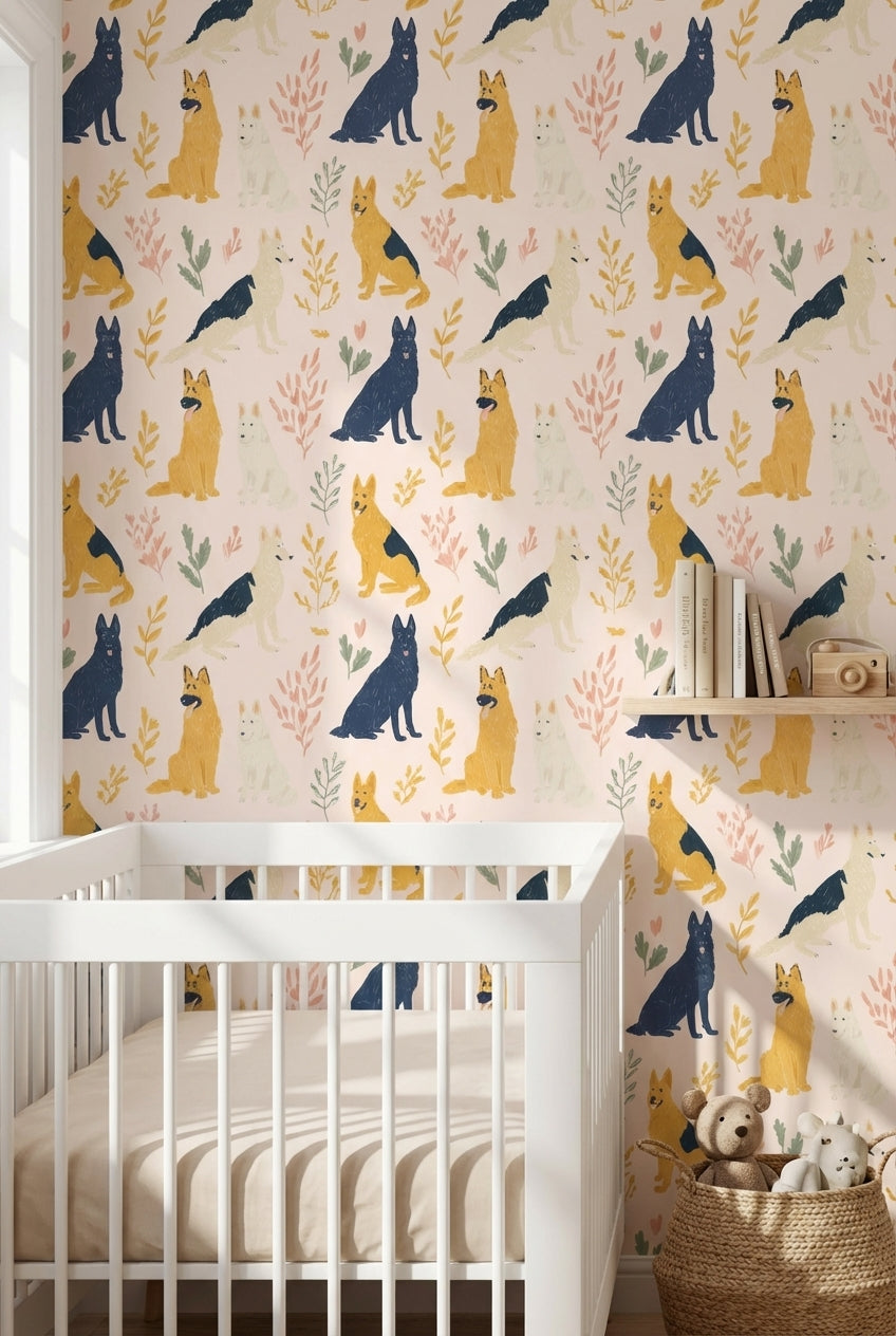 Cream Playful Dogs and Leaves Kids Wallpaper