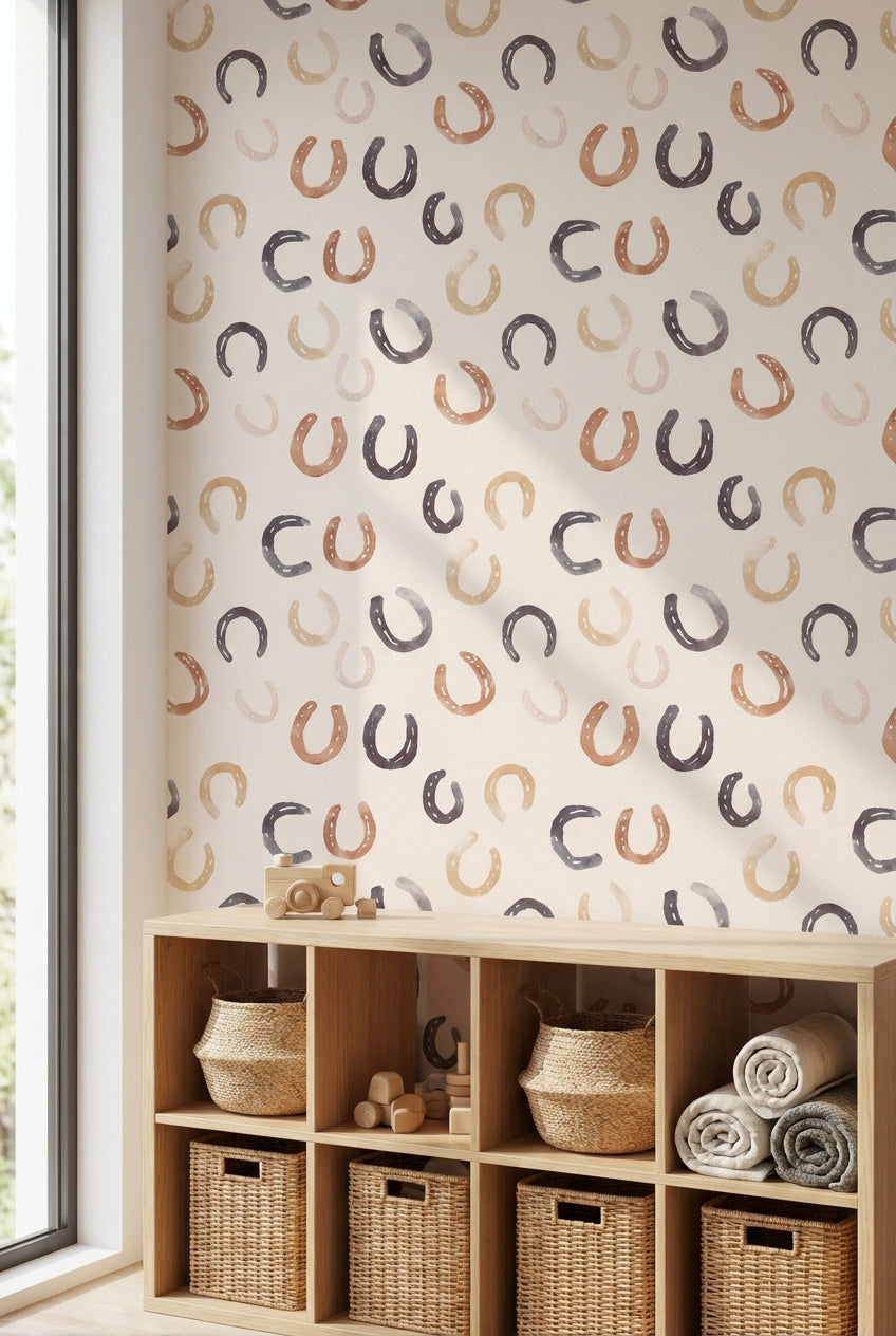 Cream and Warm Brown Horseshoe Pattern Wallpaper