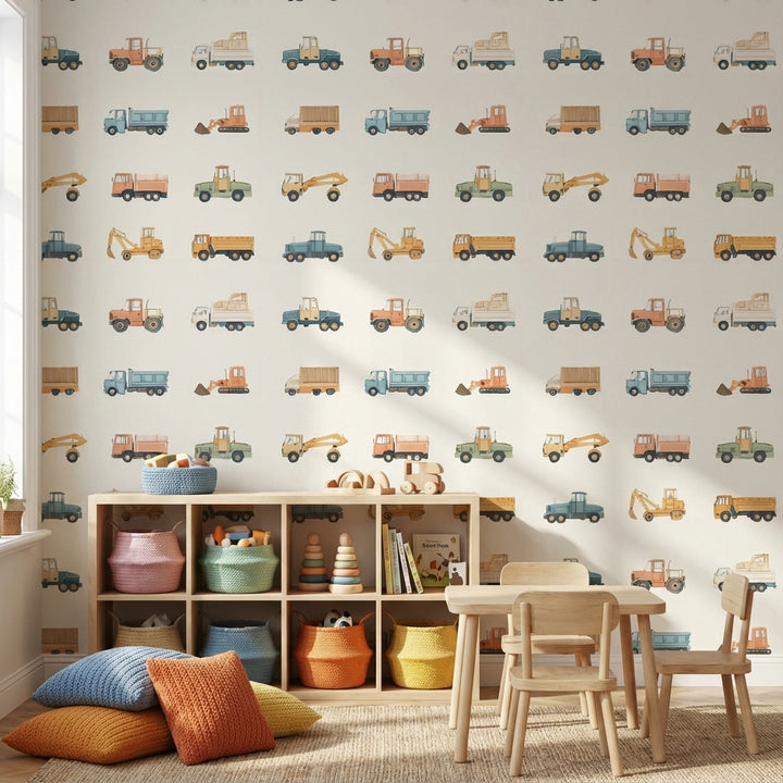 Cream Multicolor Construction Vehicles Kids Wallpaper