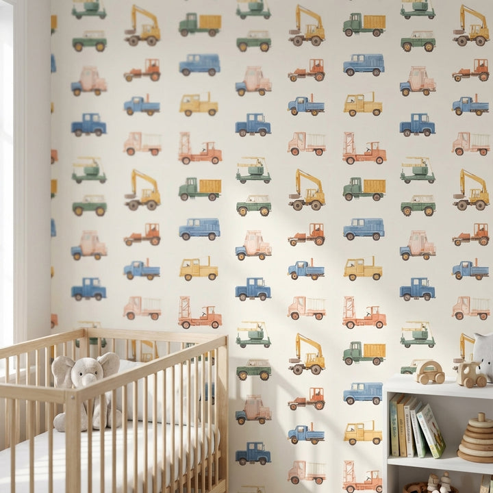 Cream Multicolor Kids Cars Pattern Wallpaper