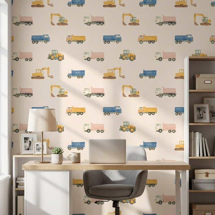 Cream Playful Construction Vehicles Kids Wallpaper