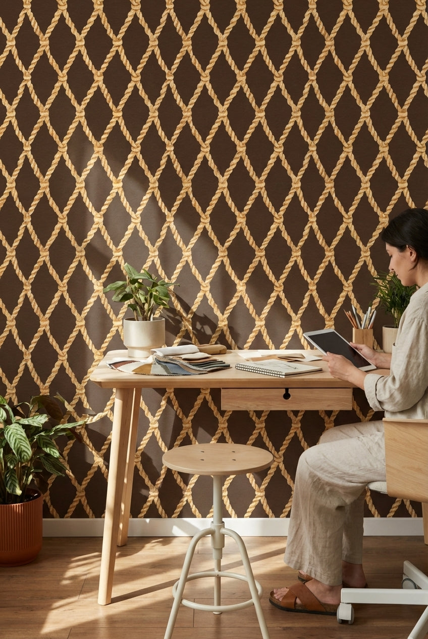 Rich Chocolate Brown Nautical Rope Pattern Wallpaper