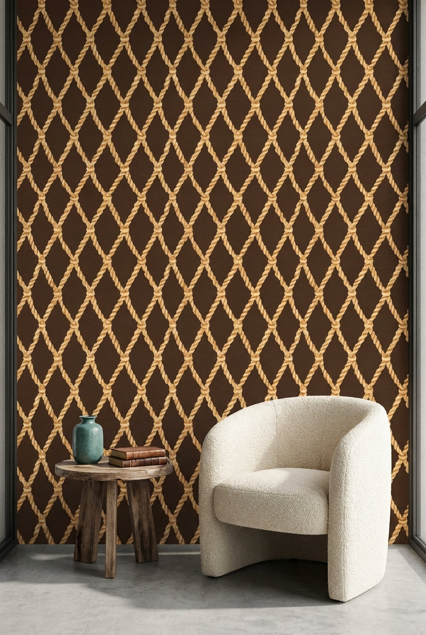 Rich Chocolate Brown Nautical Rope Pattern Wallpaper