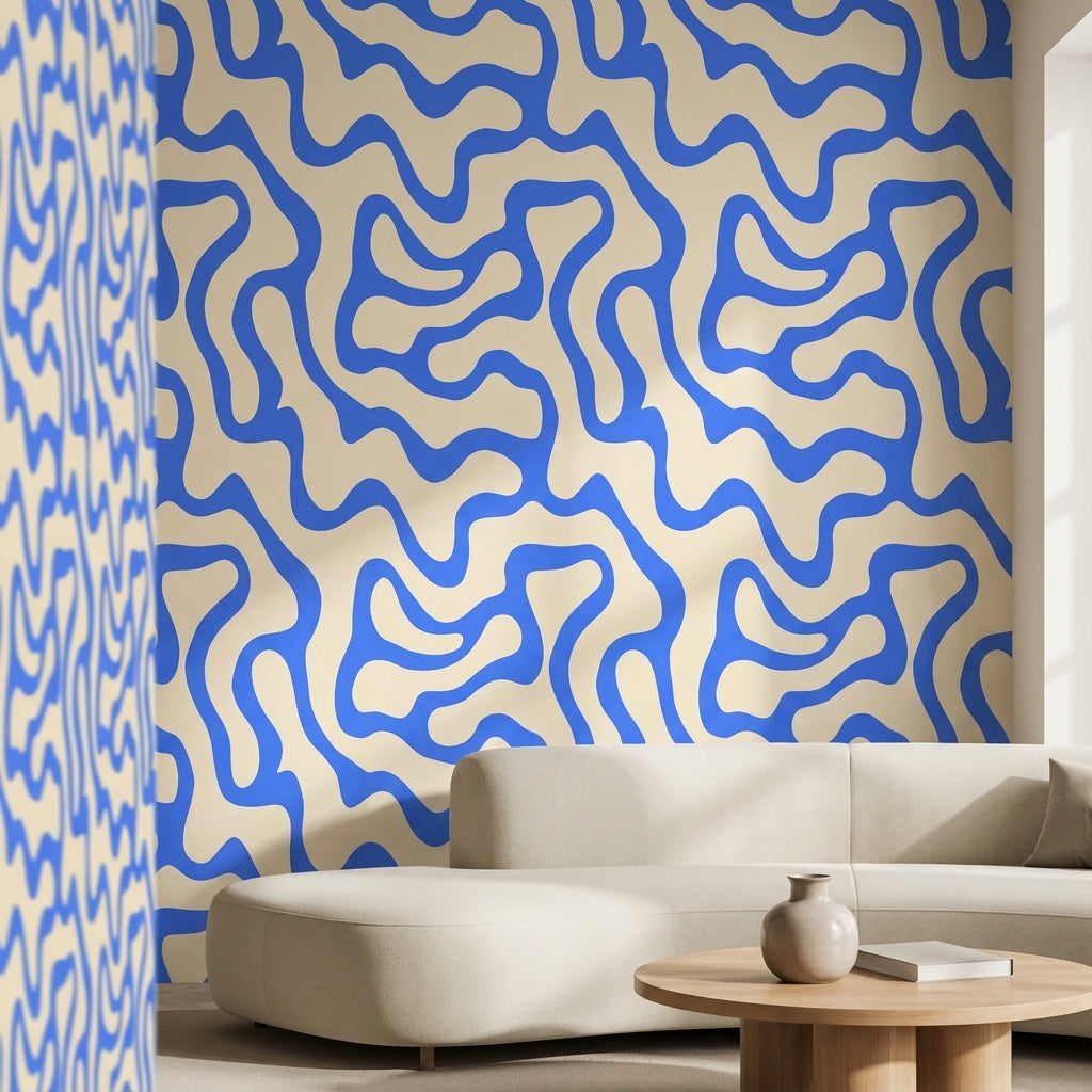 Beige and Blue Abstract Wave Pattern Wallpaper