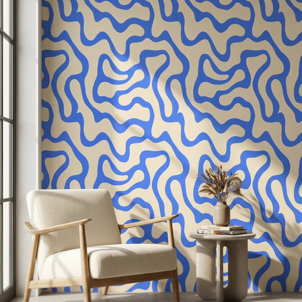 Beige and Blue Abstract Wave Pattern Wallpaper