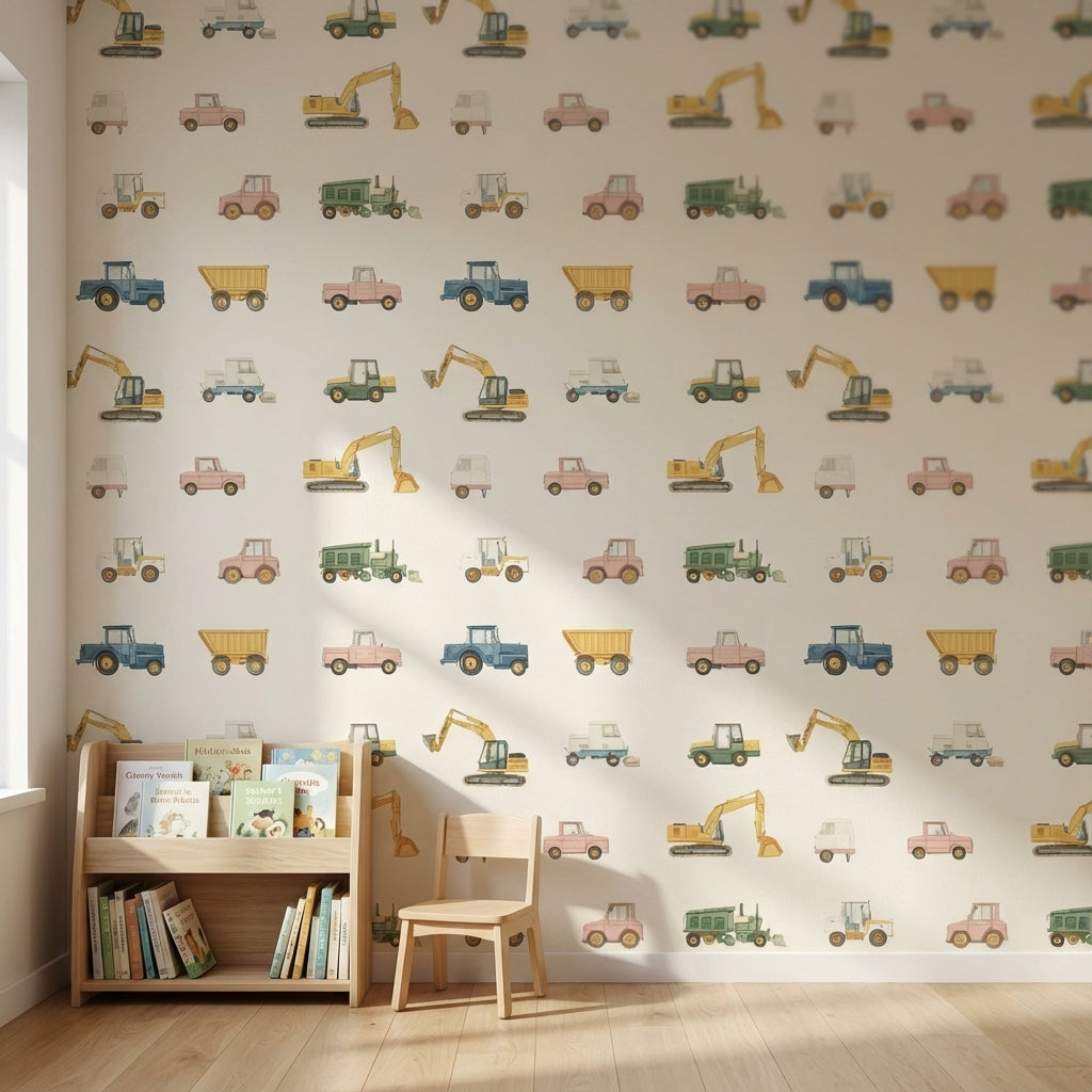 Cream Multicolor Vehicles Kids Wallpaper