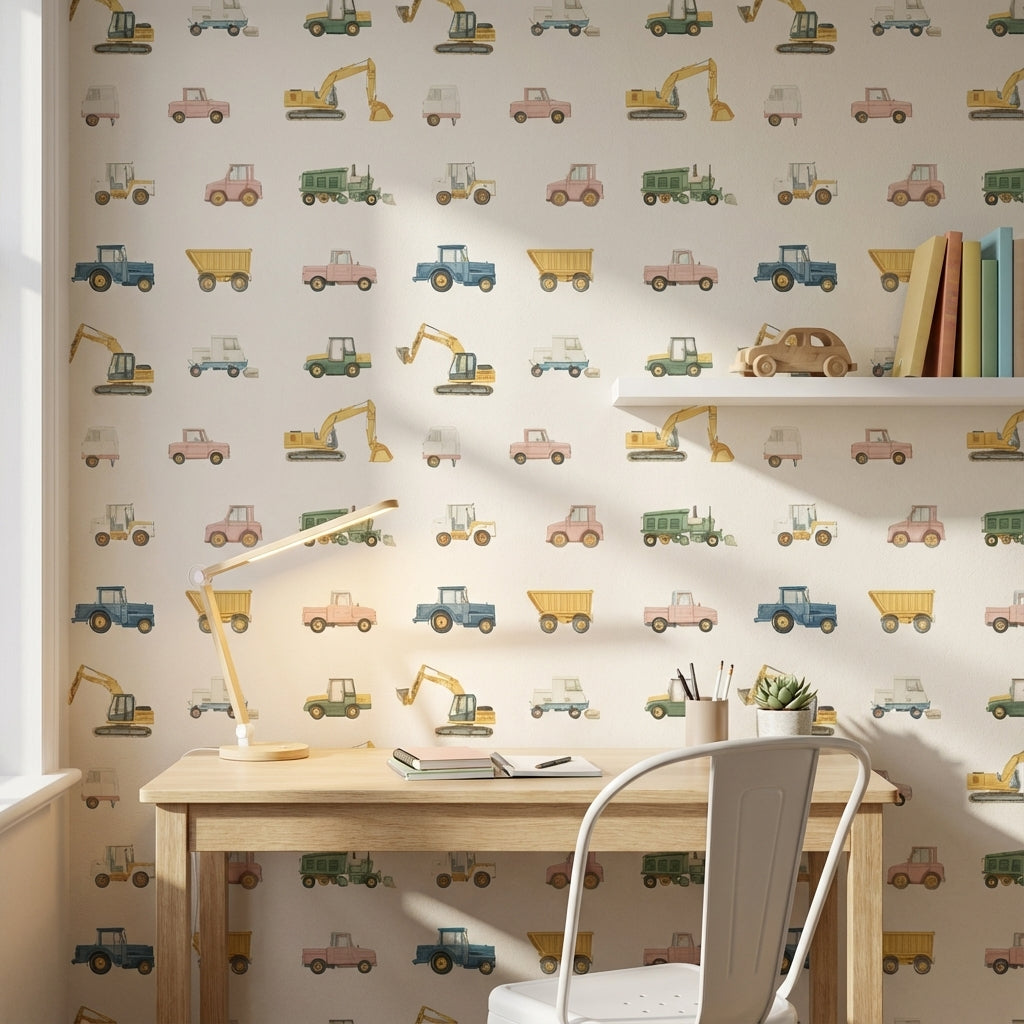 Cream Multicolor Vehicles Kids Wallpaper