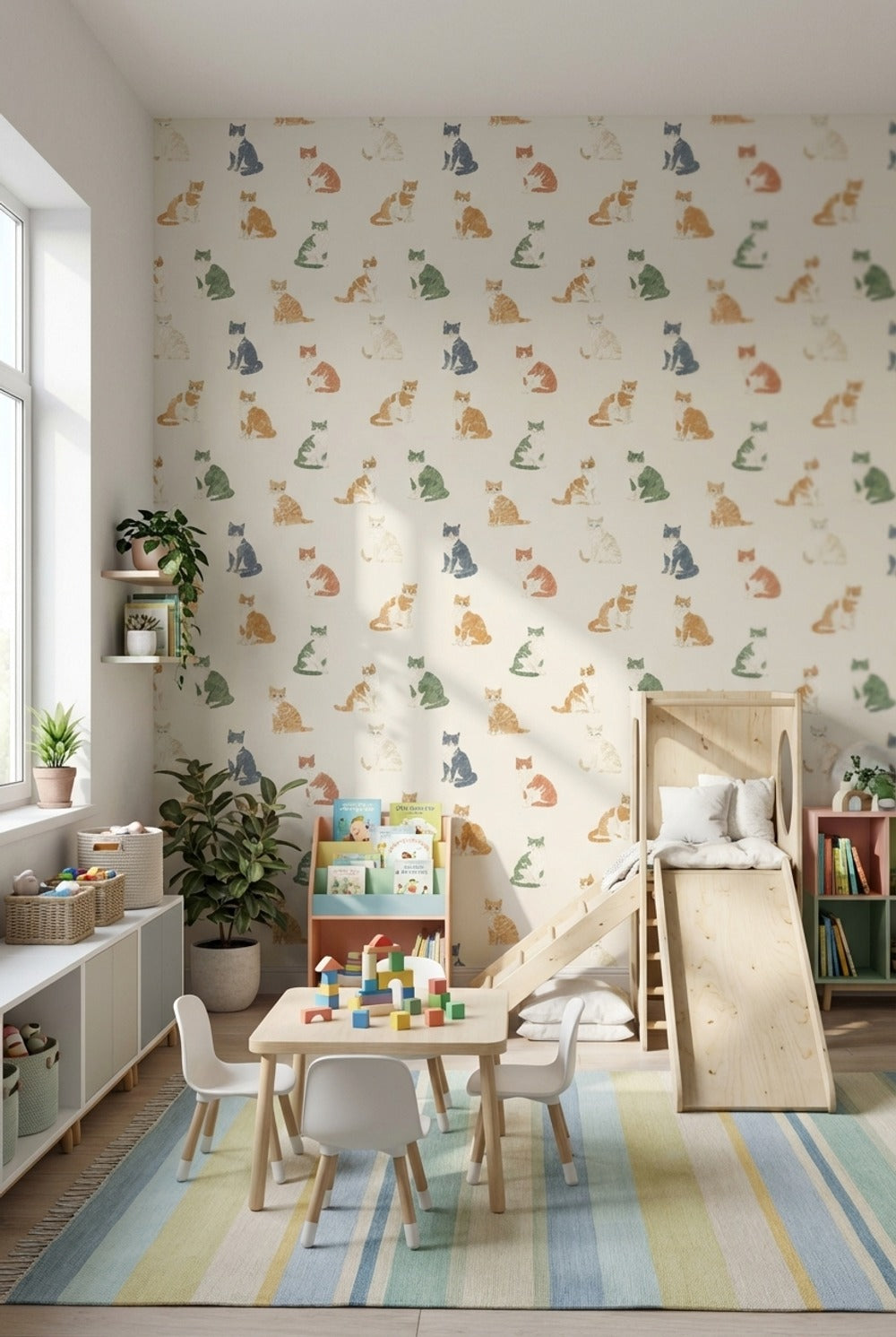 Cream Multicolor Cat Pattern Wallpaper