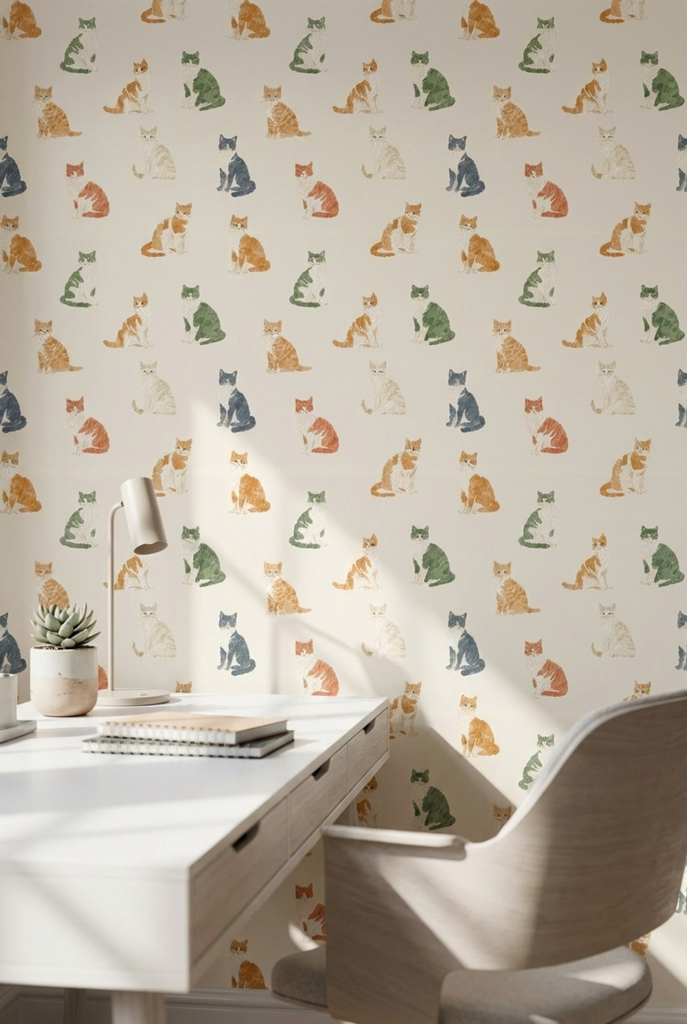Cream Multicolor Cat Pattern Wallpaper