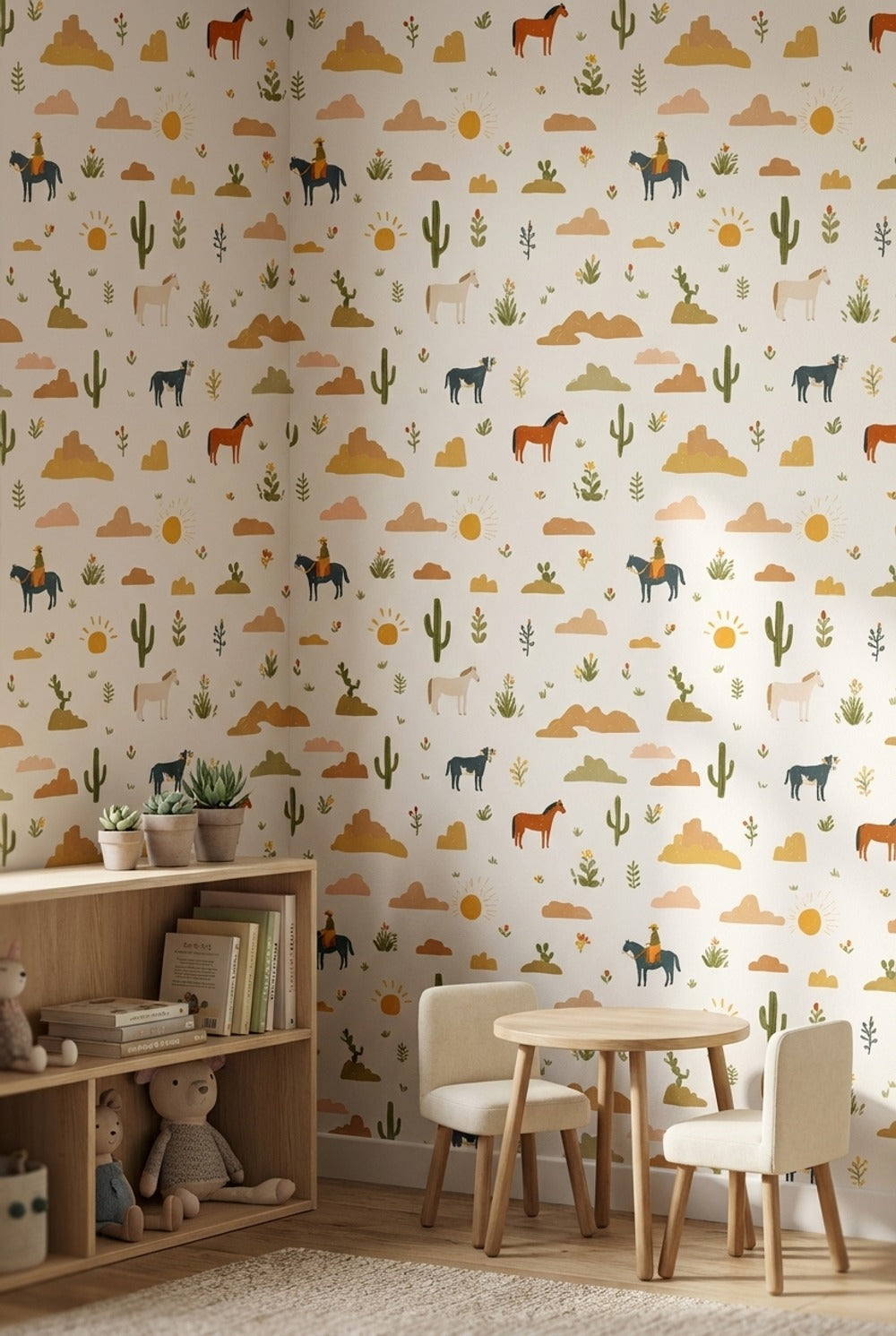 Cream Desert Cowboy Kids Pattern Wallpaper