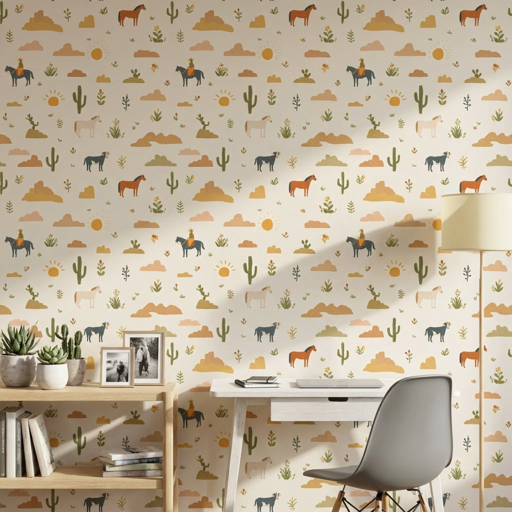 Cream Desert Cowboy Kids Pattern Wallpaper