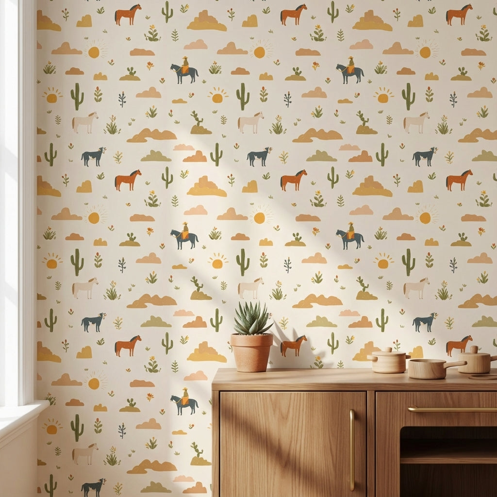 Cream Desert Cowboy Kids Pattern Wallpaper