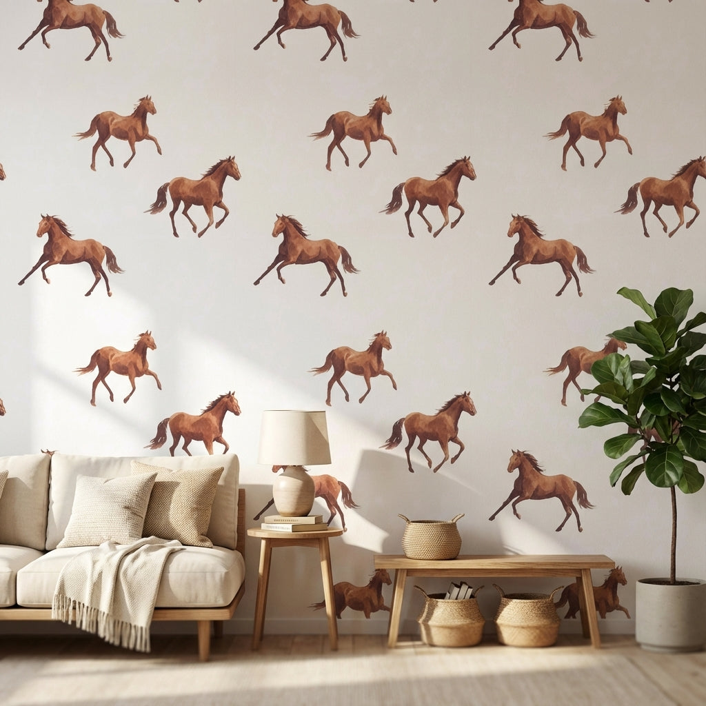 Cream Background Galloping Horse Pattern Wallpaper