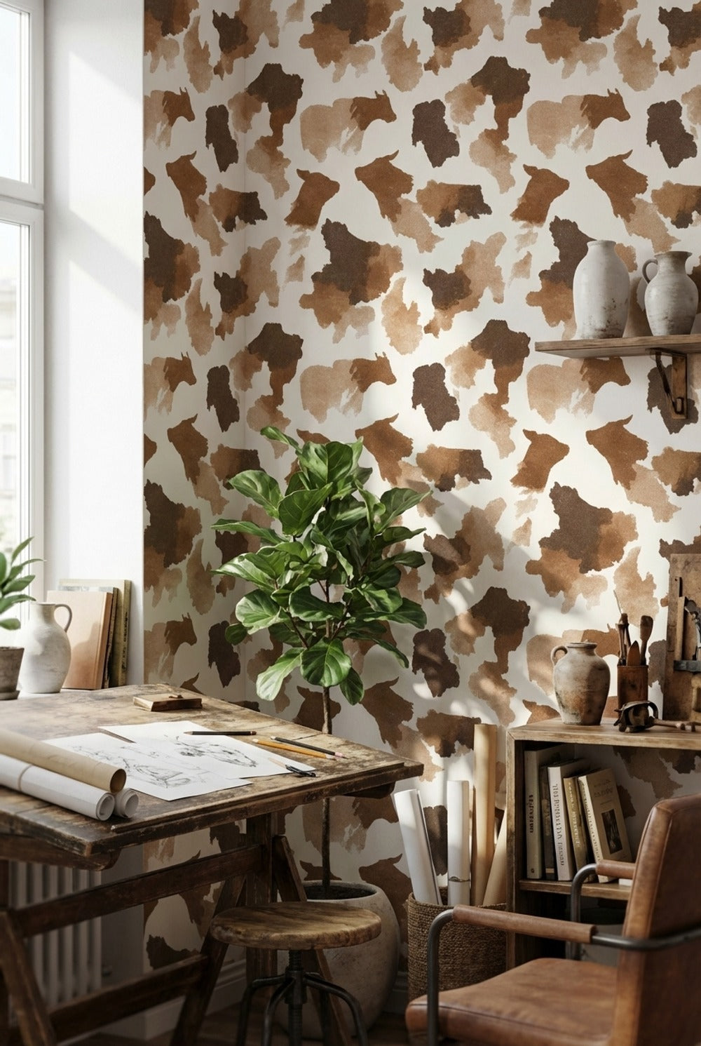 Warm Brown Abstract Cowhide Pattern Wallpaper