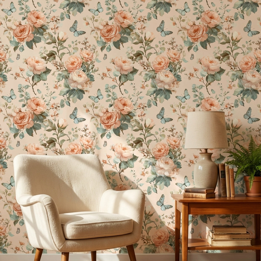 Cream and Peach Rose Blossom Wallpaper