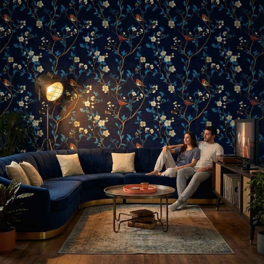 Navy Blue Cherry Blossom and Bird Pattern Wallpaper