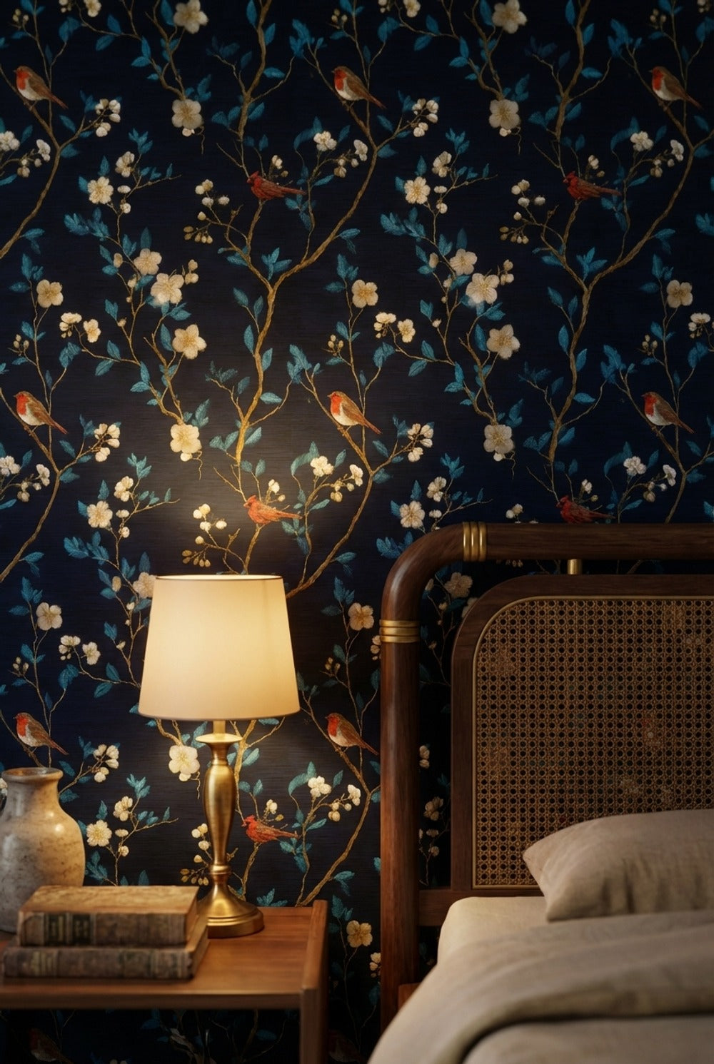 Navy Blue Cherry Blossom and Bird Pattern Wallpaper