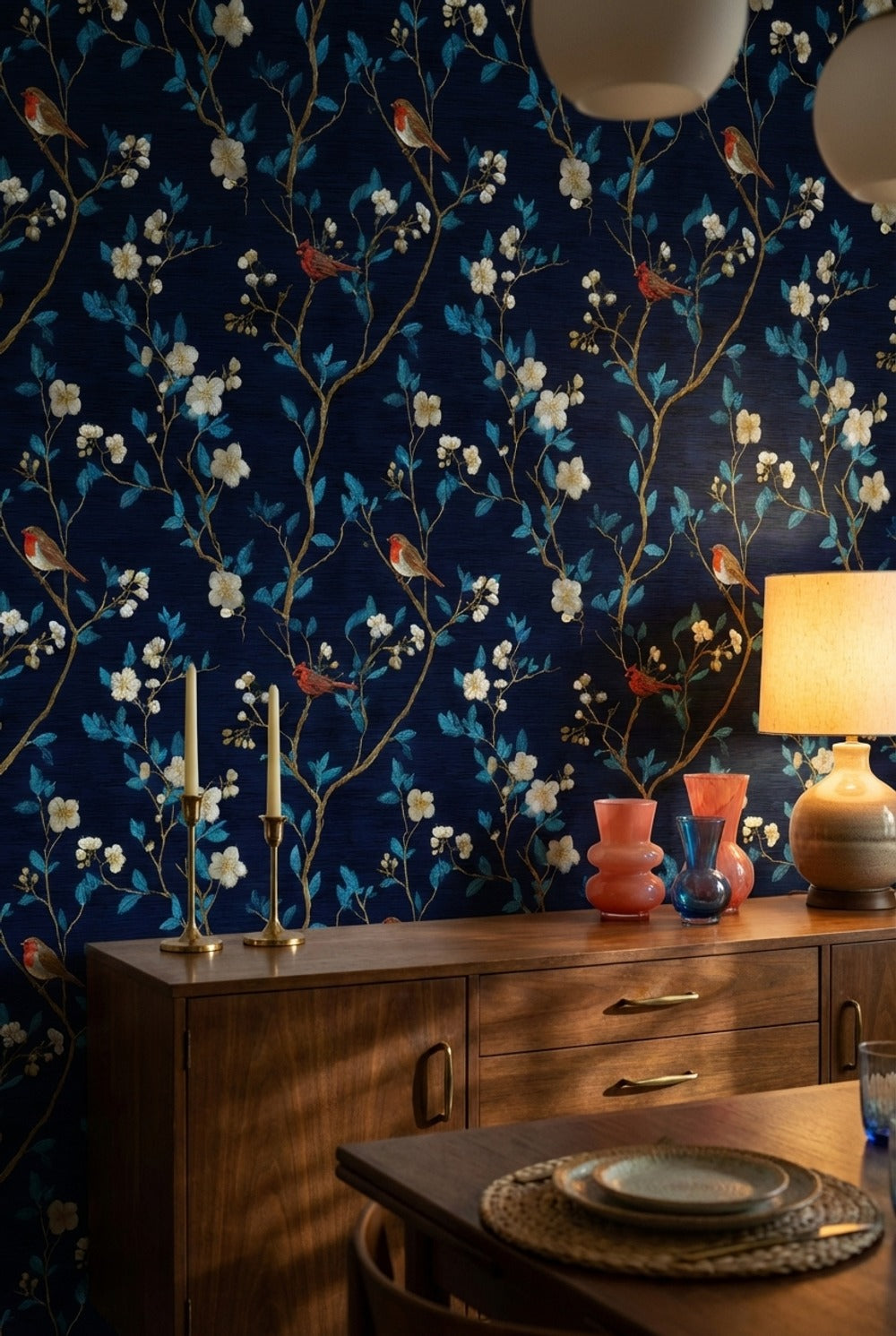 Navy Blue Cherry Blossom and Bird Pattern Wallpaper