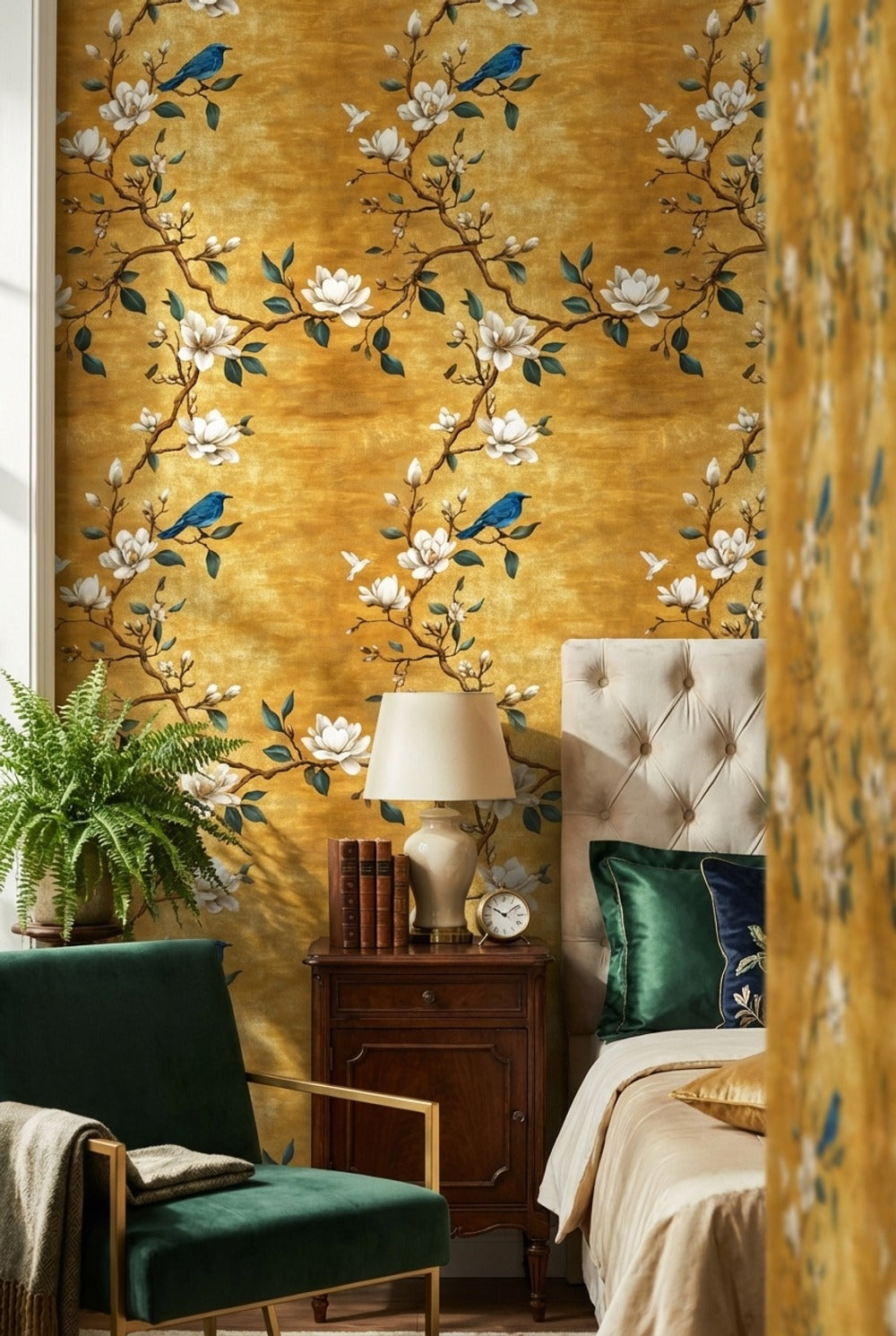 Golden Look Magnolia Blue Bird Chinoiserie Wallpaper