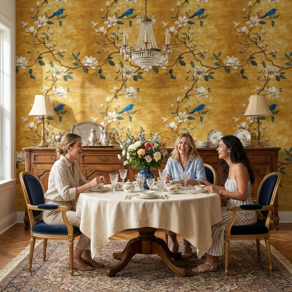 Golden Look Magnolia Blue Bird Chinoiserie Wallpaper
