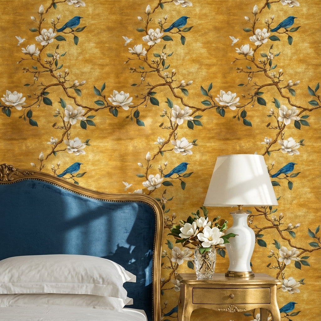 Golden Look Magnolia Blue Bird Chinoiserie Wallpaper