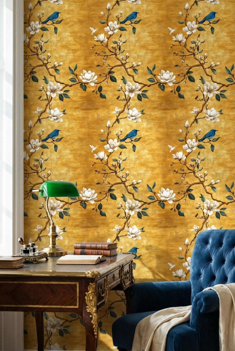 Golden Look Magnolia Blue Bird Chinoiserie Wallpaper