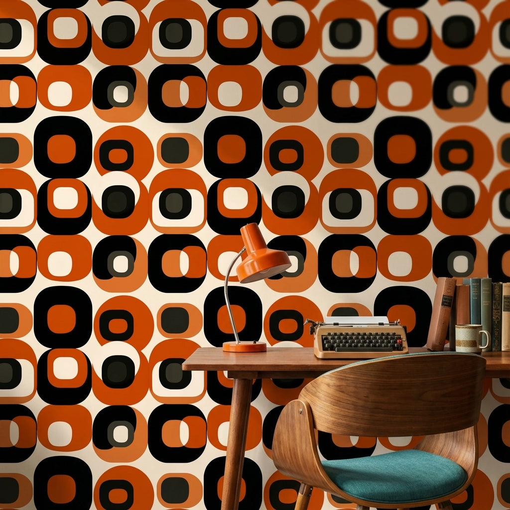 Retro Orange and Black Geometric Pattern Wallpaper