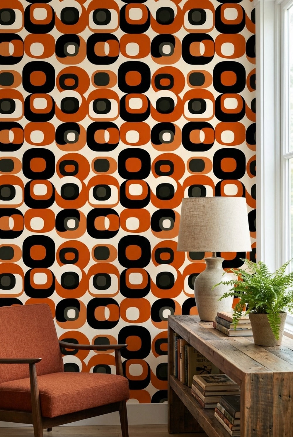 Retro Orange and Black Geometric Pattern Wallpaper