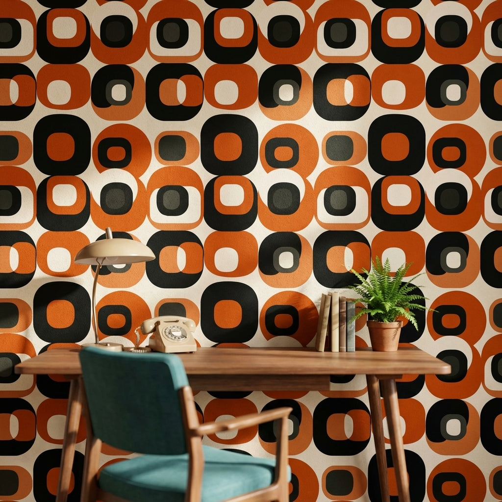 Retro Orange and Black Geometric Pattern Wallpaper
